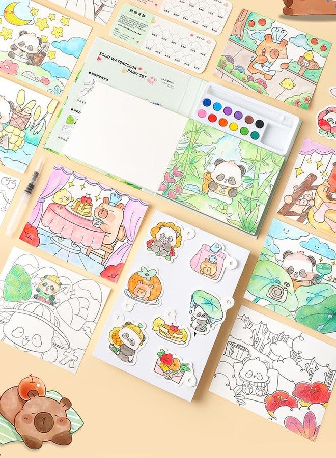 SAMVARDHAN Panda & Capybara Theme Watercolor Colouring Book for Kids -12 Colours Solid with Brush & DIY Coloring Sheets - Art & Craft Activity Book for Boys & Girls, Pack of 1,(Random Theme) - Image 5